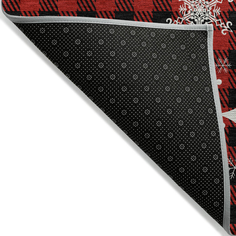 Red and Black Plaid Reindeer Christmas 5' x 7' Washable Rug