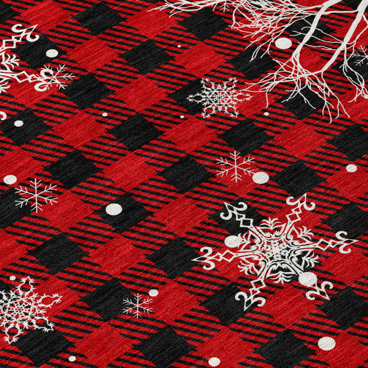 Red and Black Plaid Reindeer Christmas 5' x 7' Washable Rug