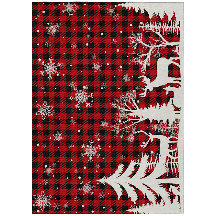 Red and Black Plaid Reindeer Christmas 5' x 7' Washable Rug
