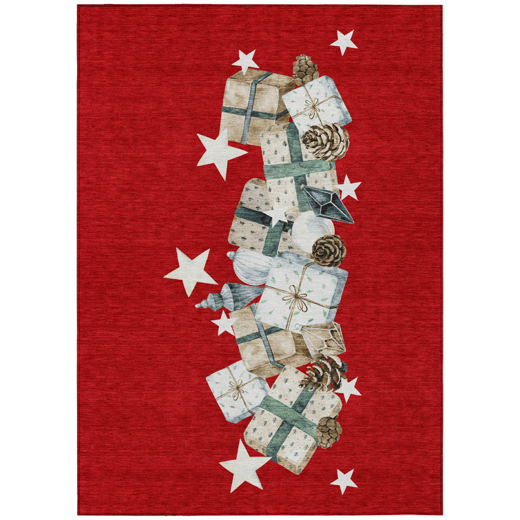 Festive Red Synthetic Washable Christmas Gift Rug 3' x 5'