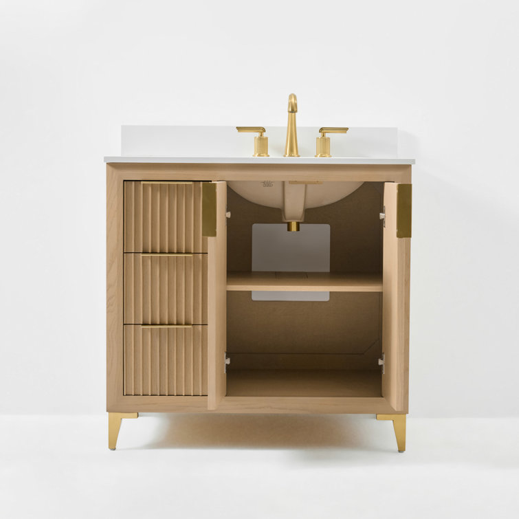 Turlington Oak 36" Vanity with White Quartz Top and Gold Hardware