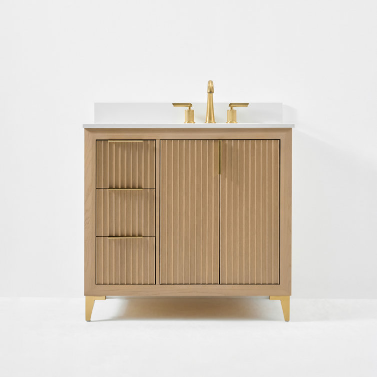 Turlington Oak 36" Vanity with White Quartz Top and Gold Hardware