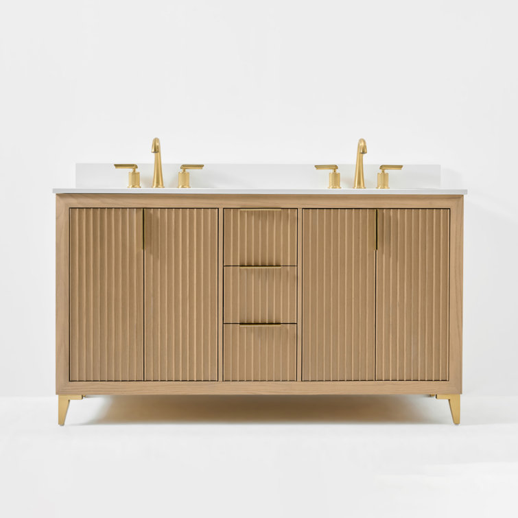 Turlington 60" Oak Double Sink Vanity with White Quartz Top