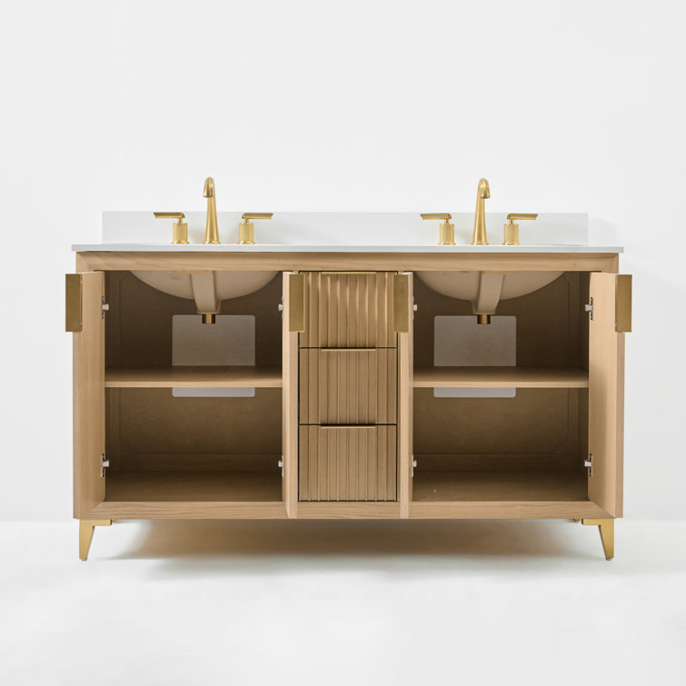 Turlington 60" Oak Double Sink Vanity with White Quartz Top