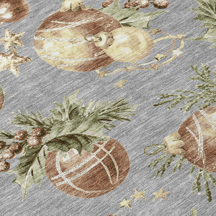 Gray Christmas Ornaments Flat Woven Synthetic Rug 5' x 7'