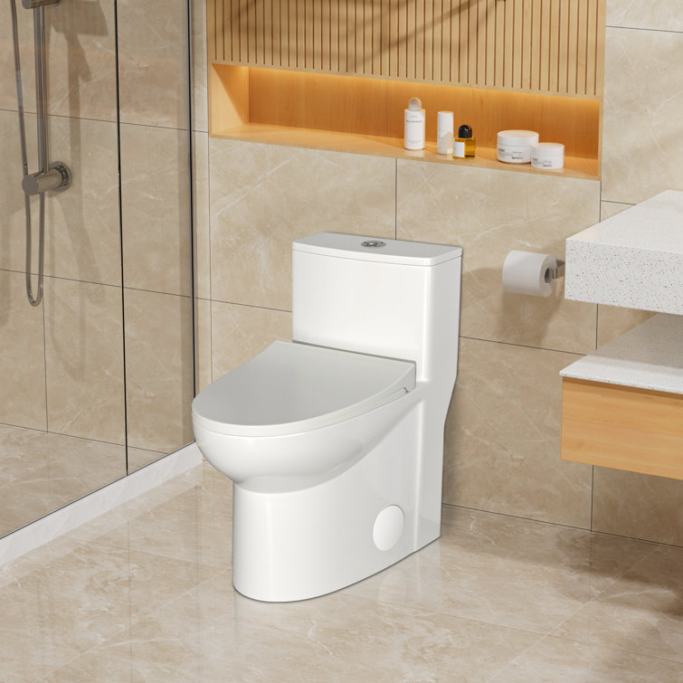White Ceramic One-Piece Elongated Dual Flush Toilet