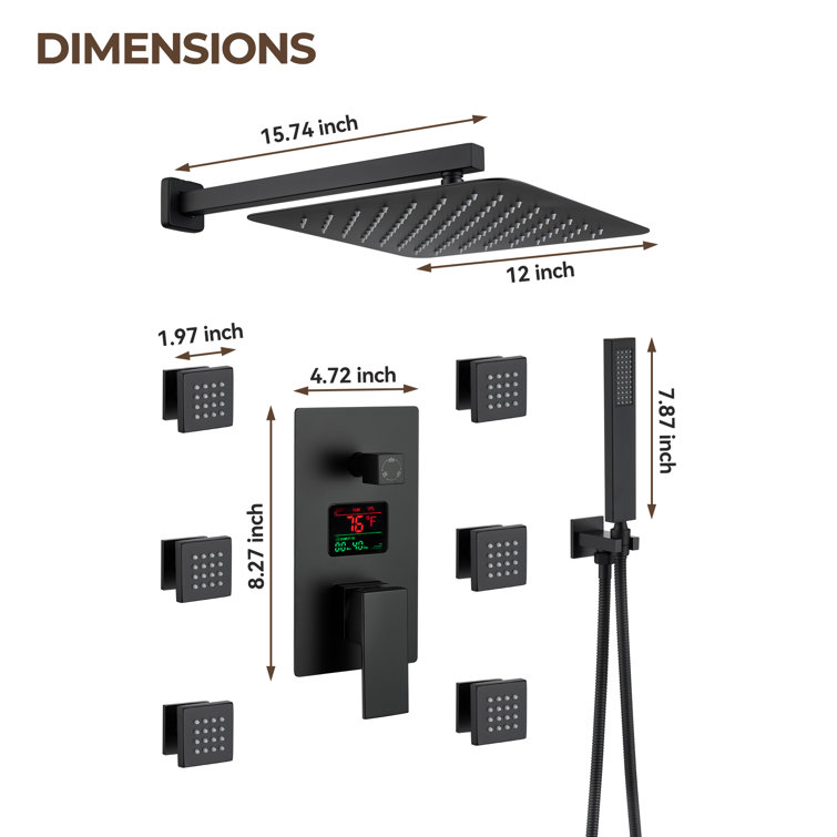 Matte Black 12" Dual Square Wall Mounted Shower System with Body Jets