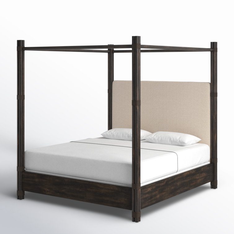 California King Dark Wood and Cream Upholstered Canopy Bed