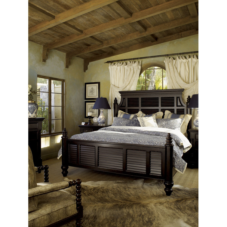 Queen-Sized Malabar Black Poster Bed with Upholstered Headboard