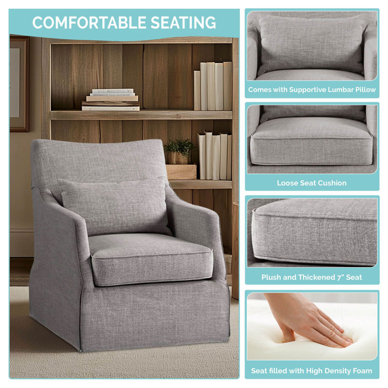Gray Skirted Swivel Armchair with Lumbar Pillow