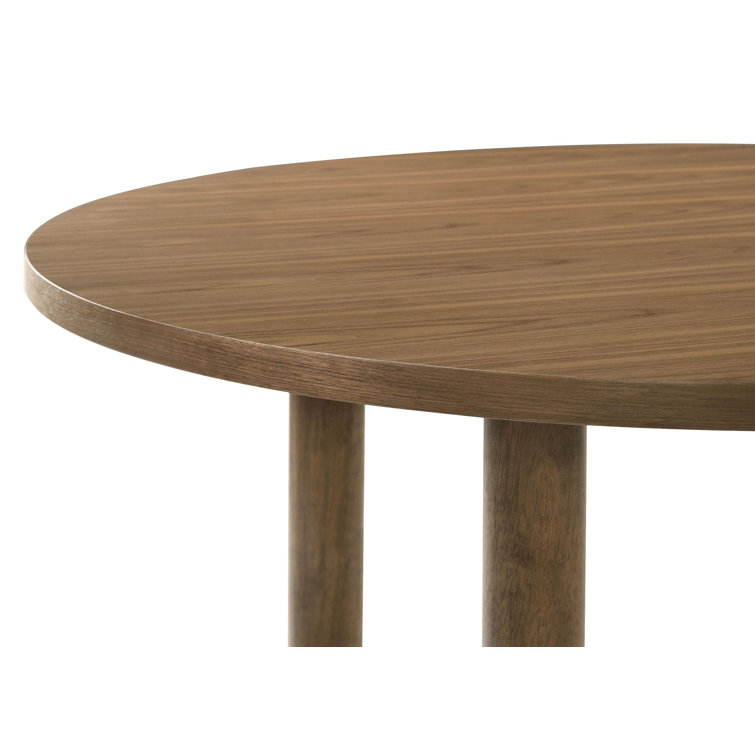 Walnut Round Wood Dining Table Set with Beige Upholstered Chairs
