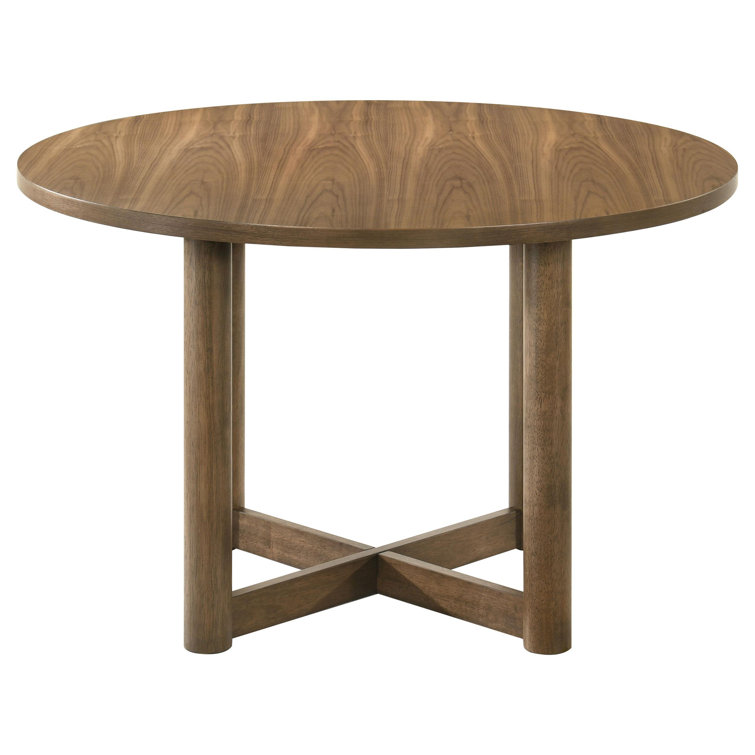 Walnut Round Wood Dining Table Set with Beige Upholstered Chairs