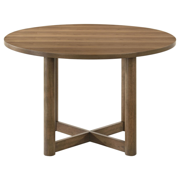 Walnut Round Wood Dining Table Set with Beige Upholstered Chairs