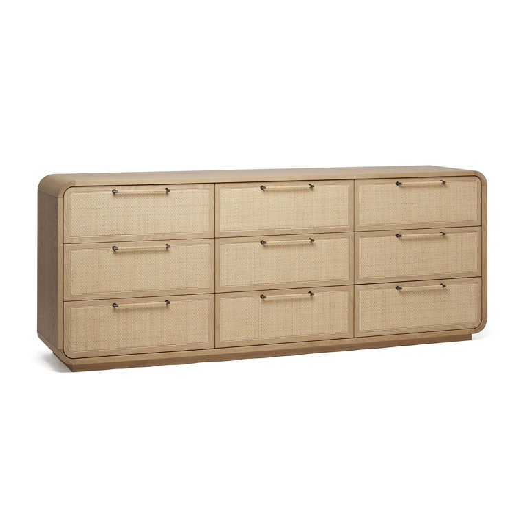 Saddle Oak and Blonde Rattan 90'' Mid-century 9-Drawer Dresser