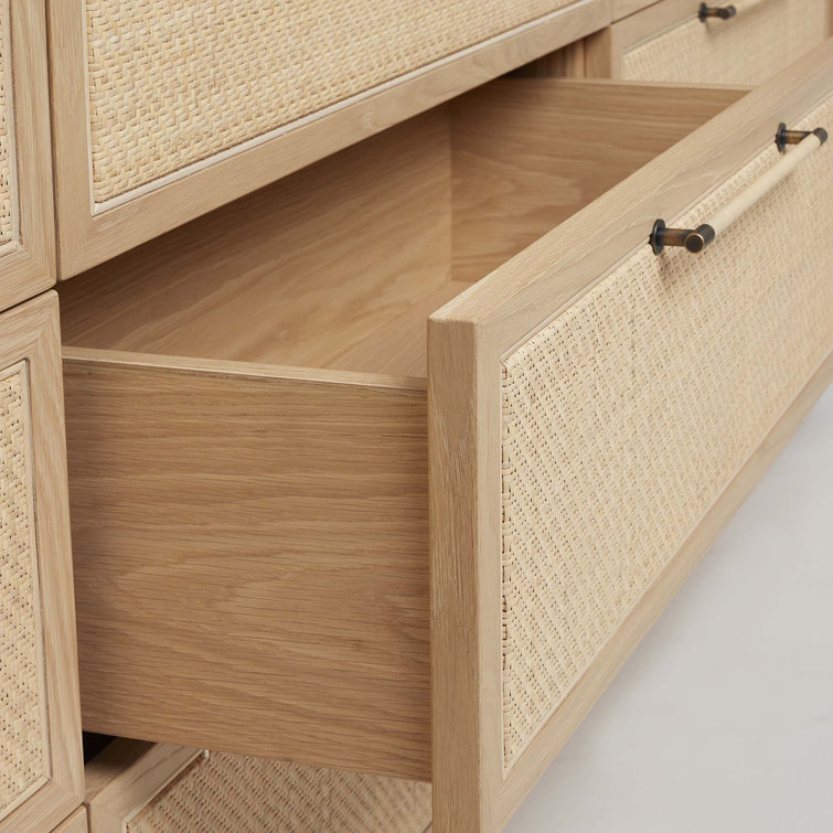 Saddle Oak and Blonde Rattan 90'' Mid-century 9-Drawer Dresser
