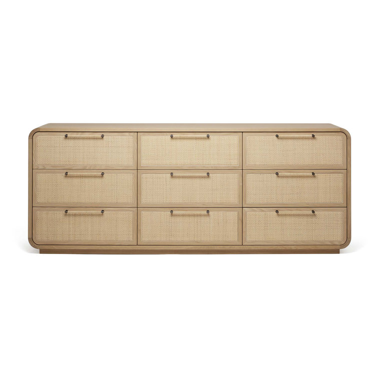 Saddle Oak and Blonde Rattan 90'' Mid-century 9-Drawer Dresser