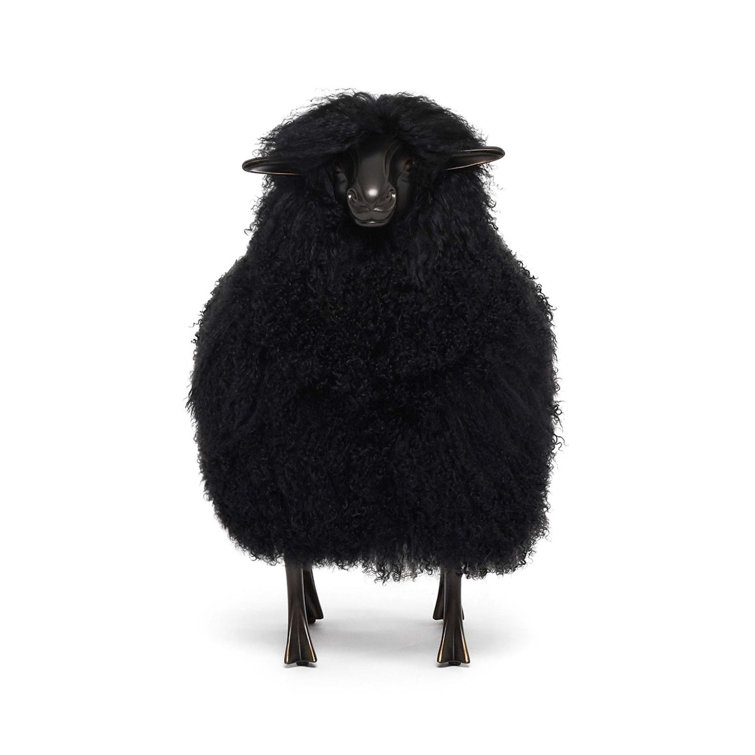Theo Black Sheepskin and Bronze Baby Sheep Sculpture