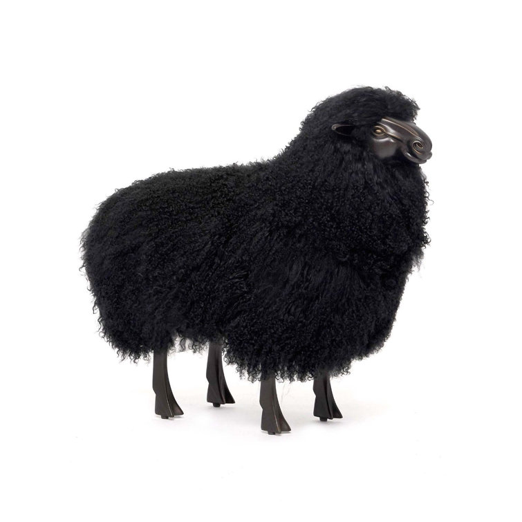 Theo Black Sheepskin and Bronze Baby Sheep Sculpture