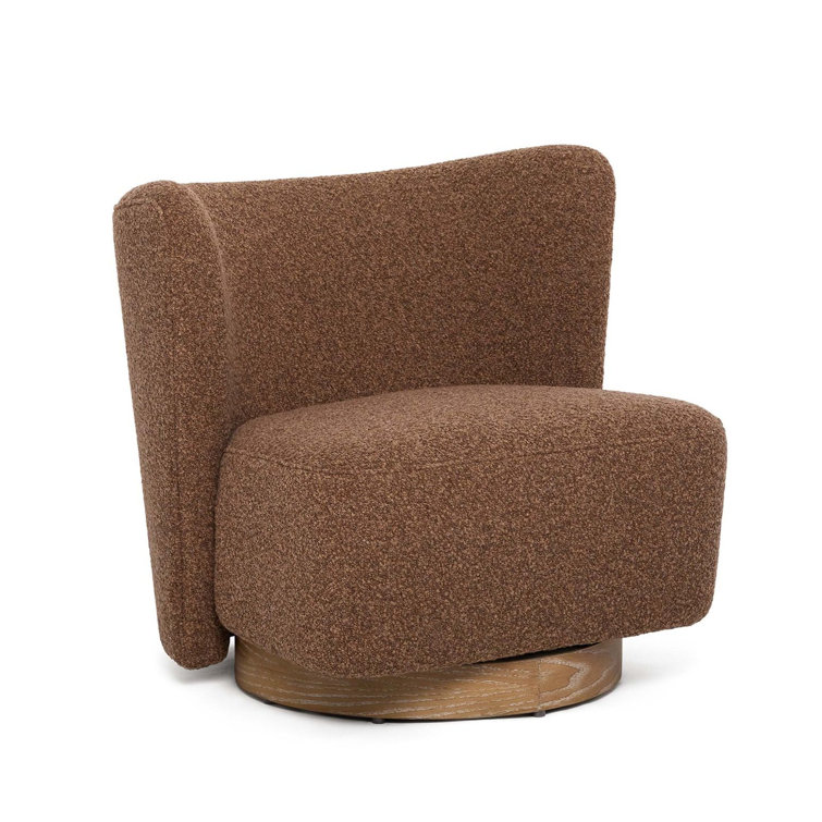 Handcrafted Brown Fabric Swivel Lounge Chair with Ash Wood Base