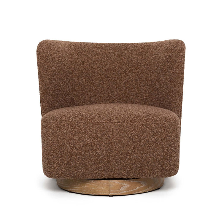 Handcrafted Brown Fabric Swivel Lounge Chair with Ash Wood Base