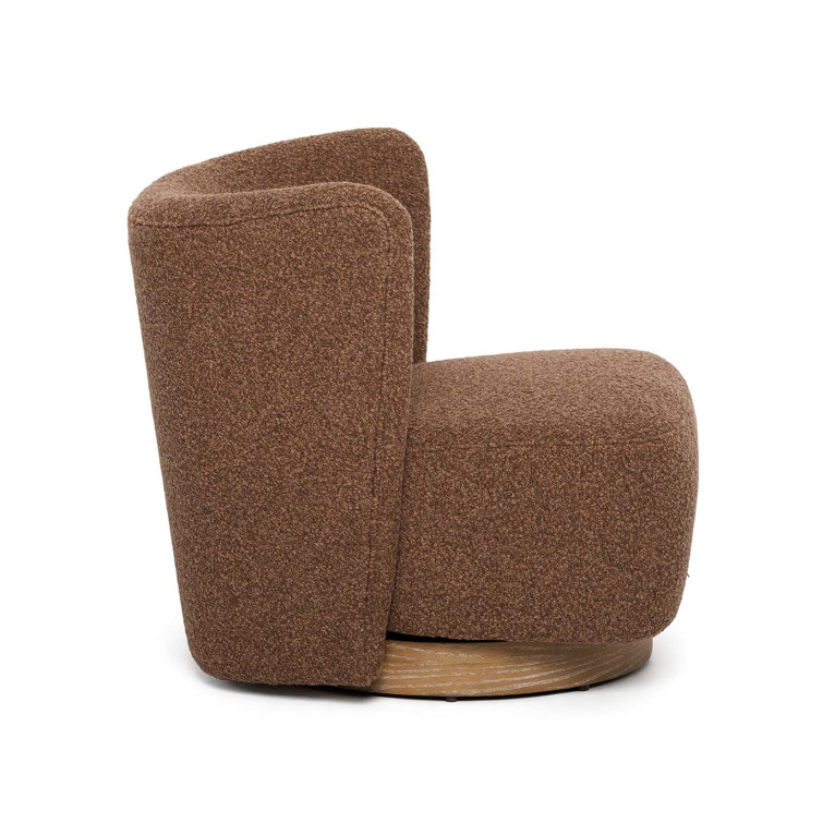 Handcrafted Brown Fabric Swivel Lounge Chair with Ash Wood Base