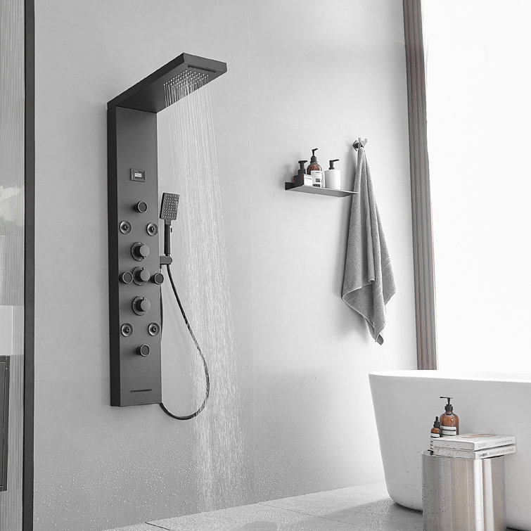 Black Stainless Steel 51.57'' Shower Panel with Rainfall and Waterfall Shower Heads