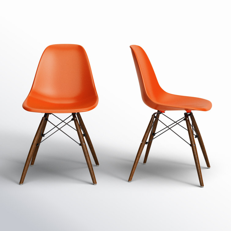 Red Plastic Bucket Seat Side Chair with Walnut Legs, Set of 2