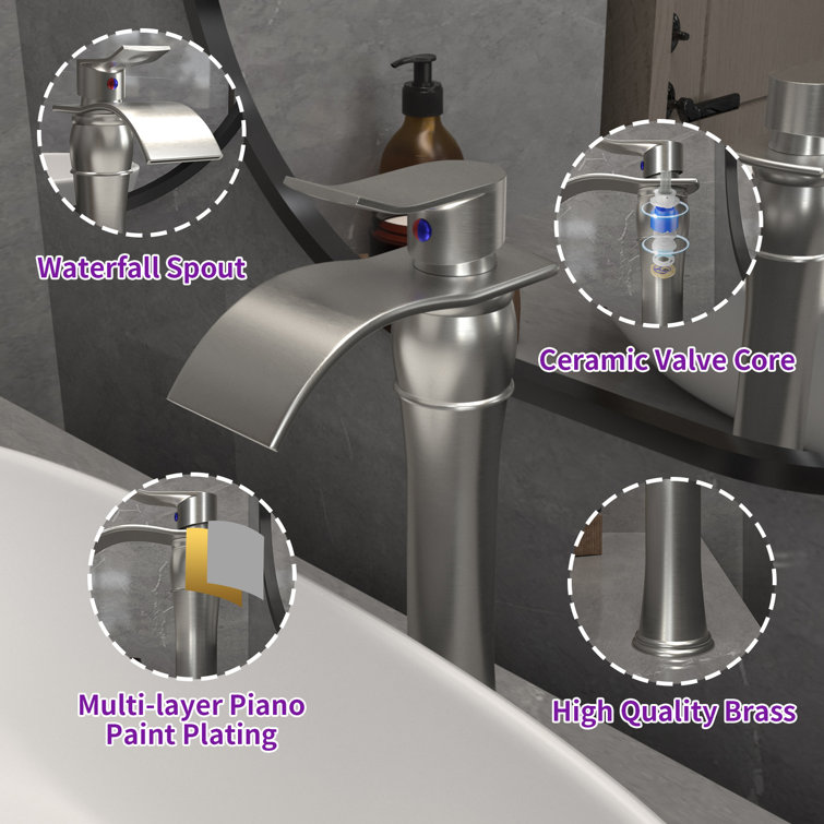 Tall Brushed Nickel Brass Waterfall Bathroom Faucet with Drain