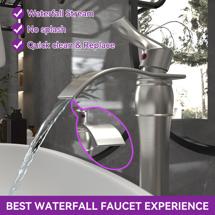 Tall Brushed Nickel Brass Waterfall Bathroom Faucet with Drain