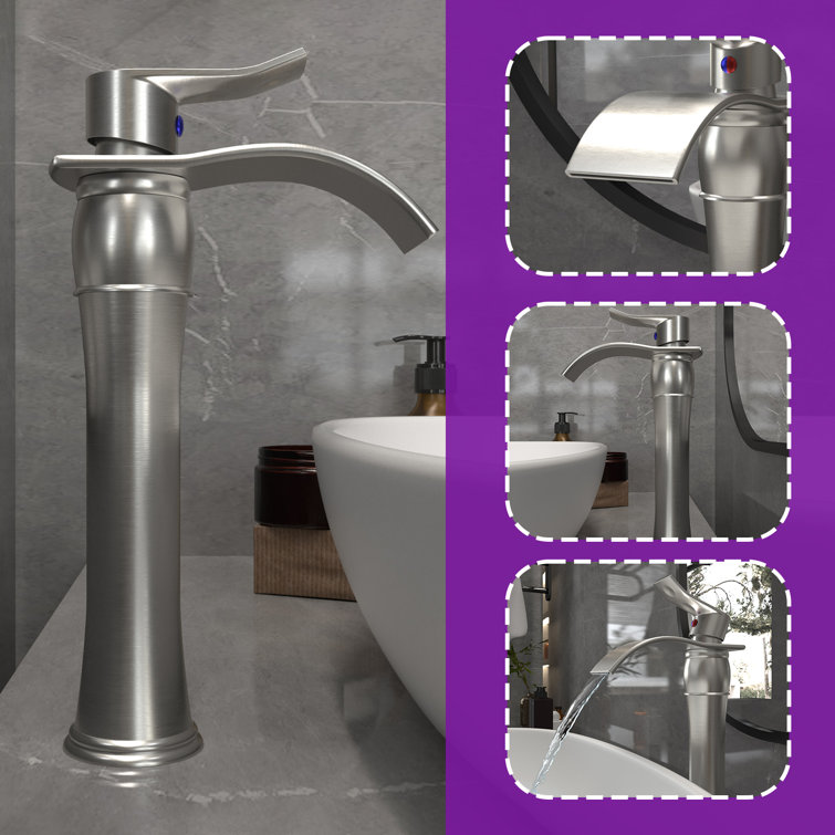 Tall Brushed Nickel Brass Waterfall Bathroom Faucet with Drain