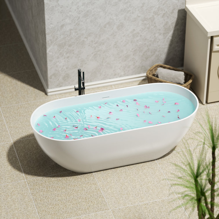 59" White Acrylic Freestanding Soaking Bathtub with Drain