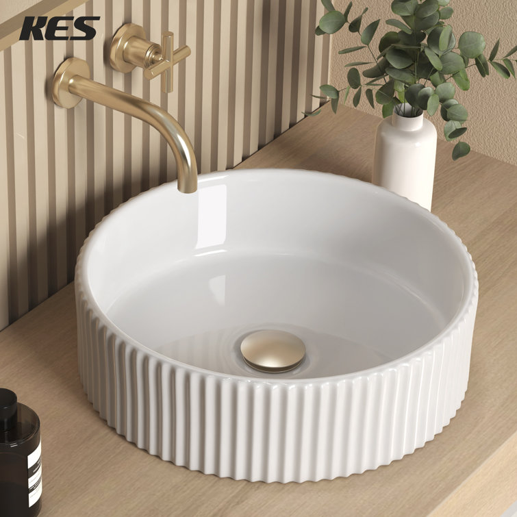 White Ribbed Ceramic Round Above-Counter Vessel Sink