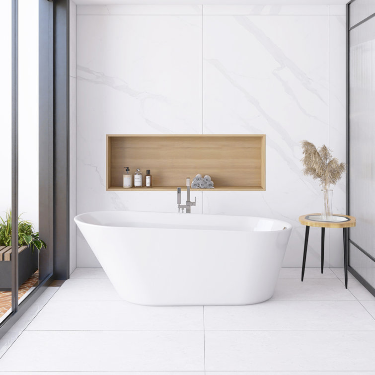 Glossy White Acrylic Freestanding Oval Soaking Bathtub