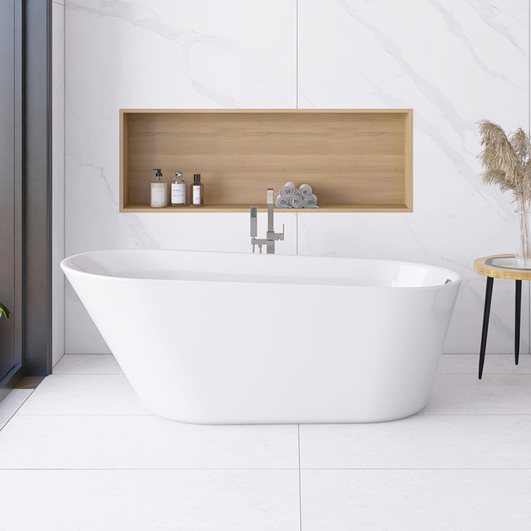 Glossy White Acrylic Freestanding Oval Soaking Bathtub