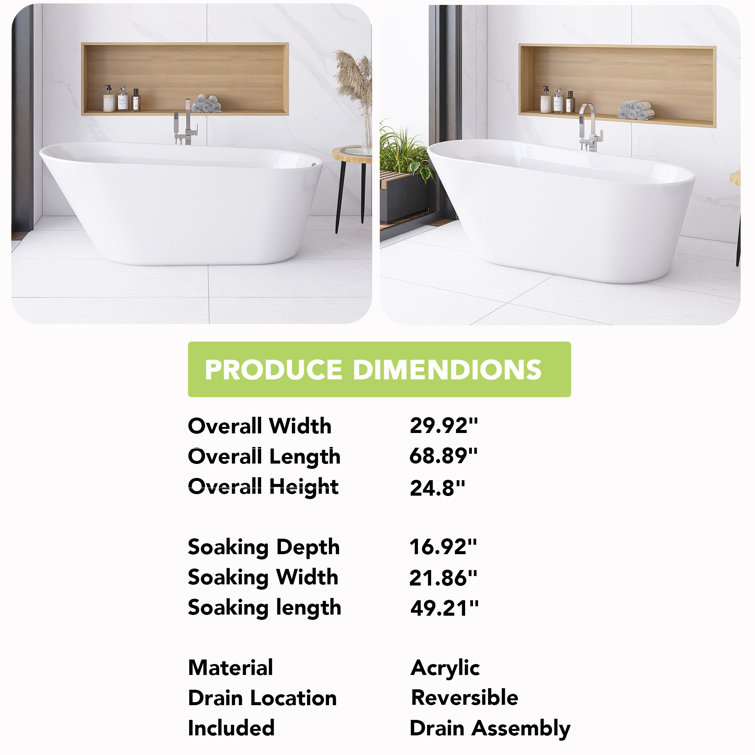Glossy White Acrylic Freestanding Oval Soaking Bathtub