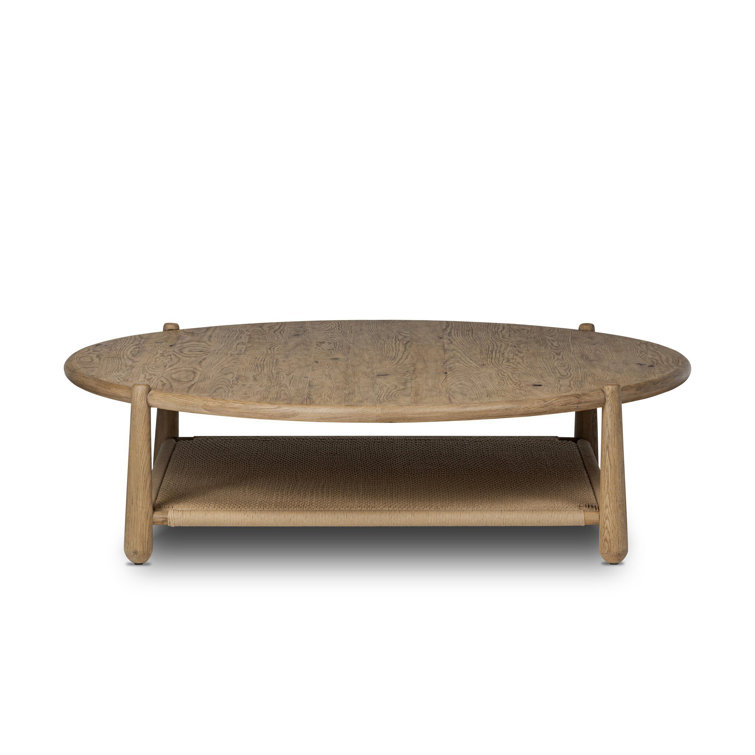 Aged Smoked Oak Round Coffee Table with Woven Storage Shelf