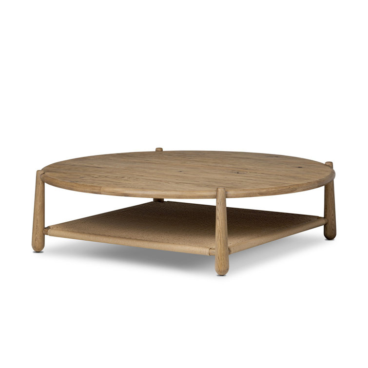 Aged Smoked Oak Round Coffee Table with Woven Storage Shelf