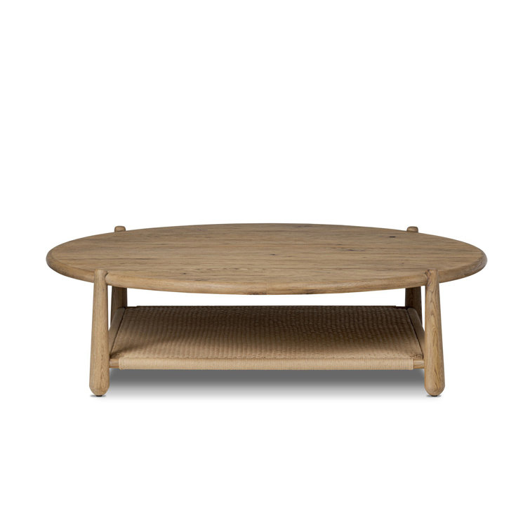 Aged Smoked Oak Round Coffee Table with Woven Storage Shelf