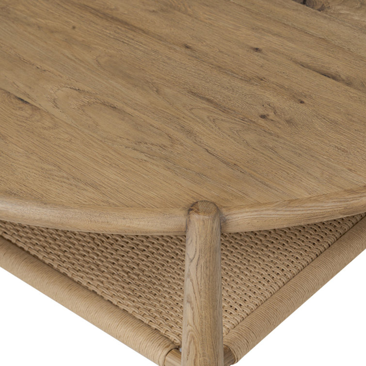 Aged Smoked Oak Round Coffee Table with Woven Storage Shelf