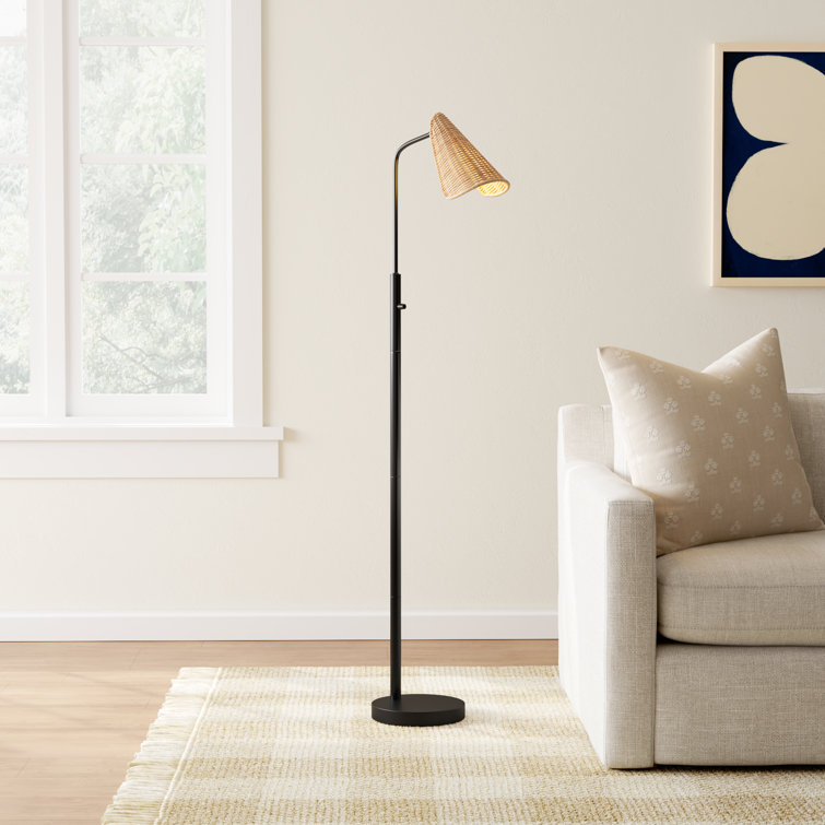 Adjustable Black Metal Floor Lamp with Natural Rattan Shade