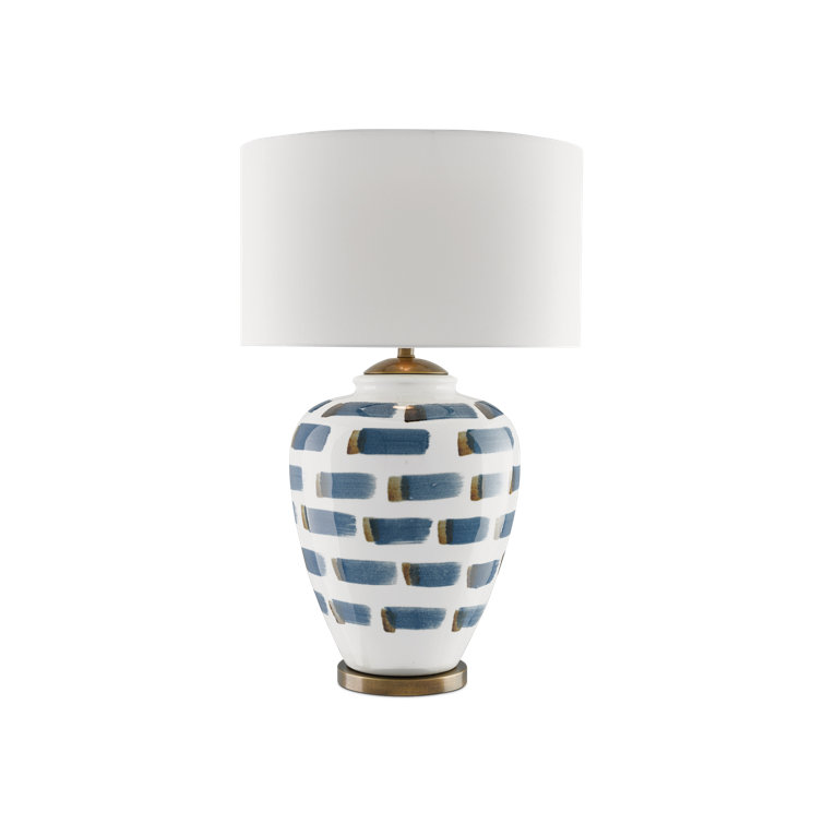 White and Blue Ceramic Brushstroke Table Lamp with Antique Brass Accents