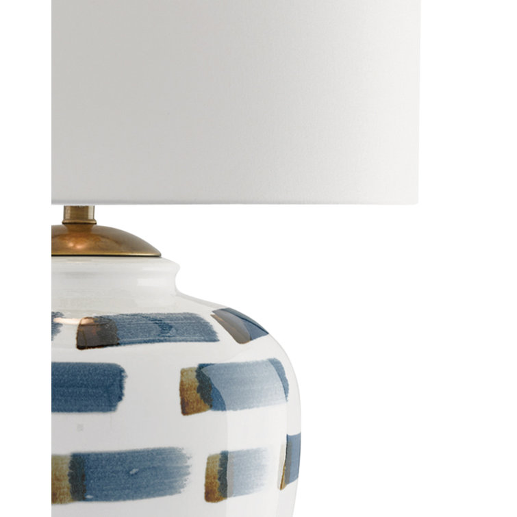 White and Blue Ceramic Brushstroke Table Lamp with Antique Brass Accents