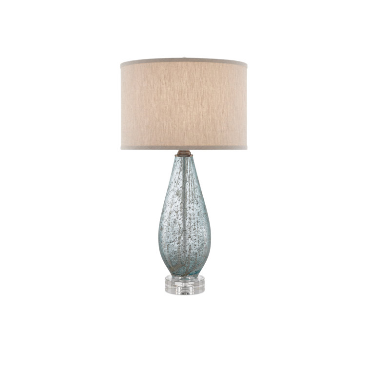 Pale Blue Speckled Glass Table Lamp with Natural Linen Shade