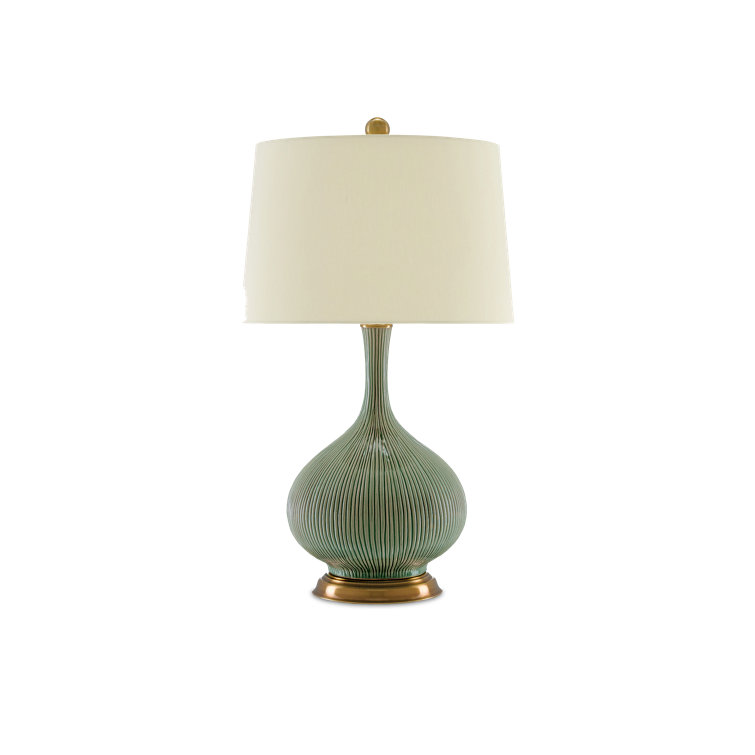 Cait Green Ceramic Table Lamp with Tan Linen Shade