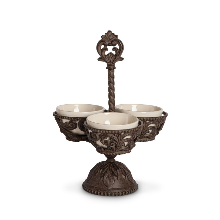 Dark Brown Ceramic and Cast-Aluminum Condiment Server