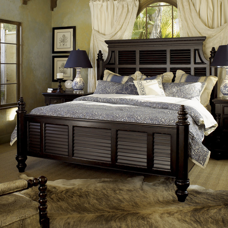 Queen-Sized Malabar Black Poster Bed with Upholstered Headboard