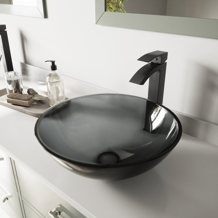 Simply Silver Round Glass Vessel Sink with Brushed Nickel Faucet