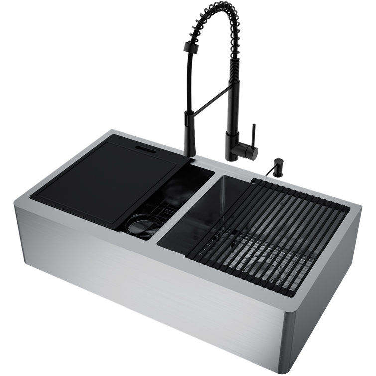 Oxford 36" Stainless Steel Double Bowl Farmhouse Sink with Matte Black Faucet