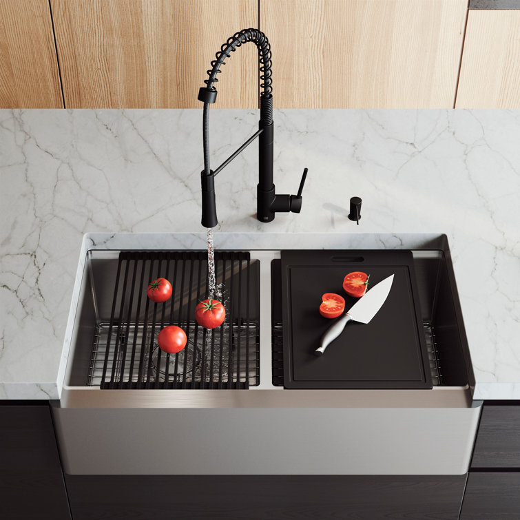Oxford 36" Stainless Steel Double Bowl Farmhouse Sink with Matte Black Faucet