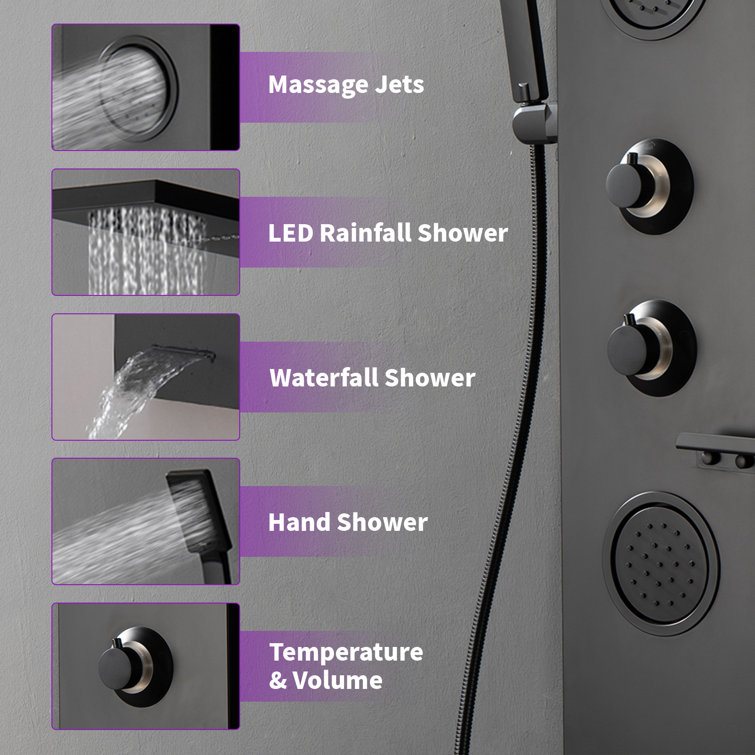 Matte Black Thermostatic Shower Panel System with LED Light